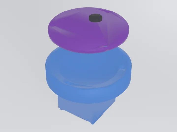 Exploded render showing a purple lid floating above a blue round base with an open underside and a small black foot