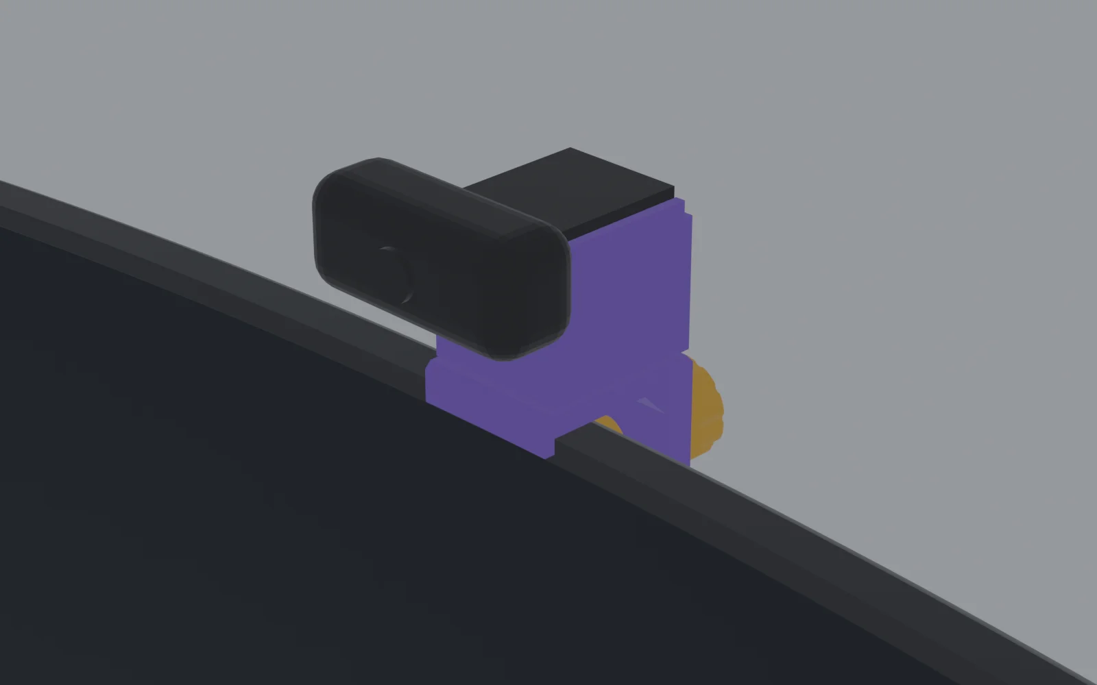 Render of the version 3 webcam mount, a purple printed clamp holding a black webcam on the top edge of a curved monitor
