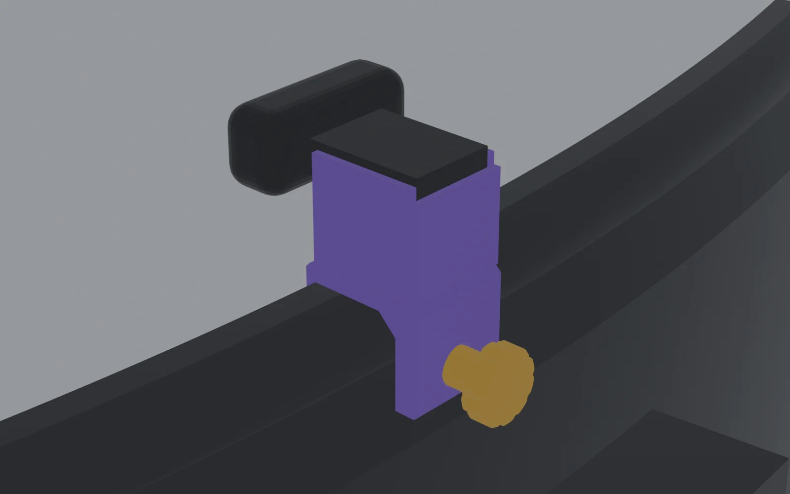 Render from behind of the version 3 purple clamp on a curved monitor with an orange fluted thumbscrew threaded into the rear jaw